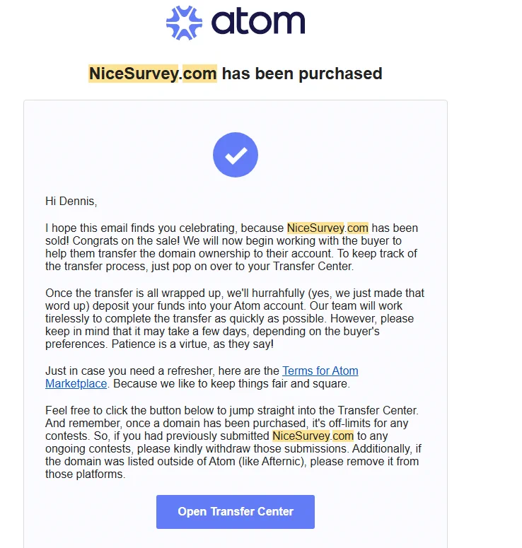 proof of sale for NiceSurvey.com on Atom for $3,338 USD