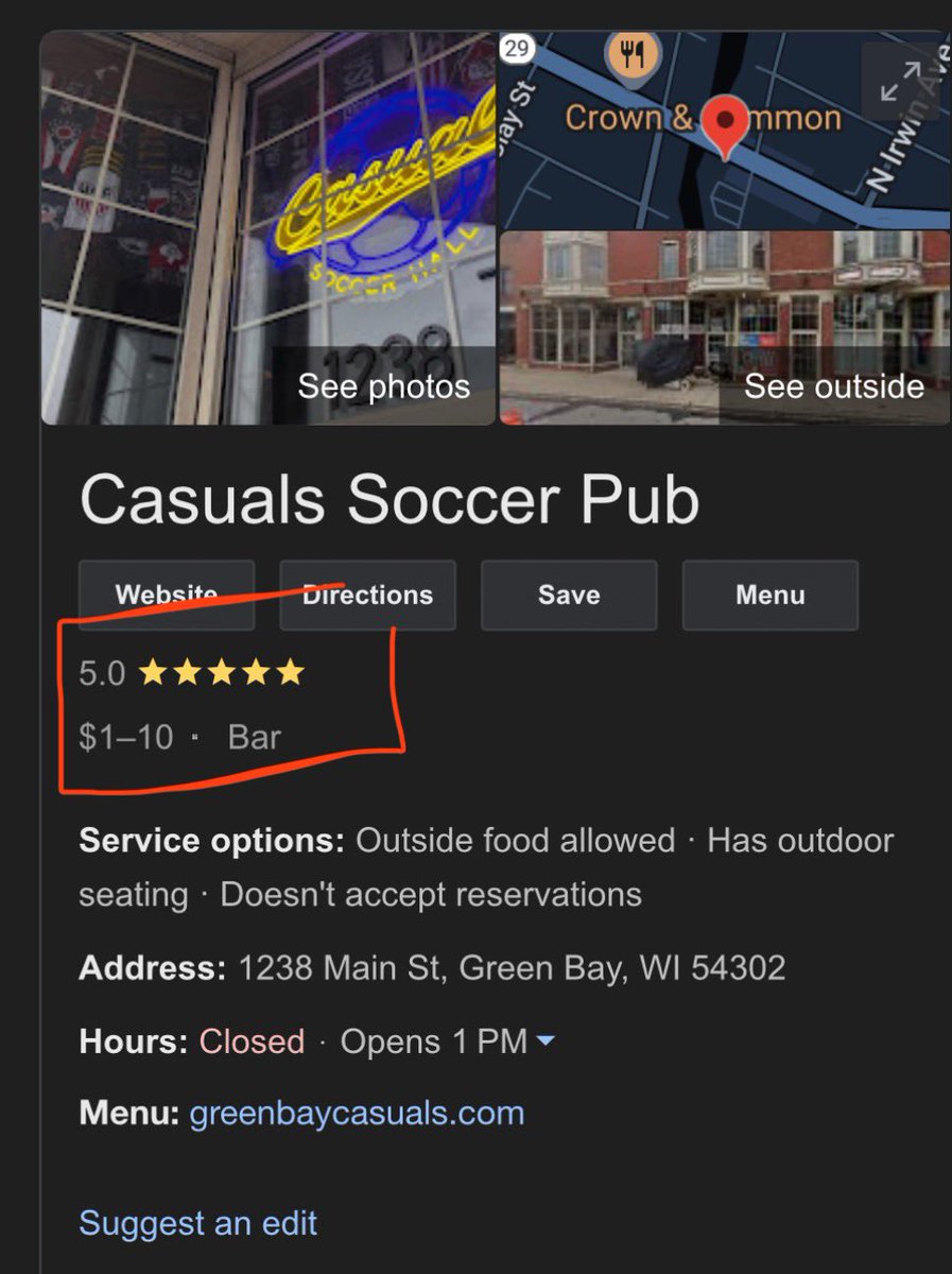 Thanks to all our awesome customers for making it EASY to be rated as a 5-Star Soccer Bar in Green Bay! 

Come see us today (open at 1pm) and all through the weekend to see how we do it 😎 Great beers, decent cocktails, live games, and casual vibes! 

#QualityIsJobOne #soccerlife