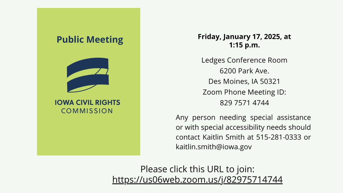 IowaCivilRights's tweet photo. Iowa Civil Rights Commission Public Meeting: Friday, January 17, 2025, at 1:15 p.m. Please click this URL to join:
 https://t.co/LE8SutYeKz https://t.co/az9Ly5PQfD