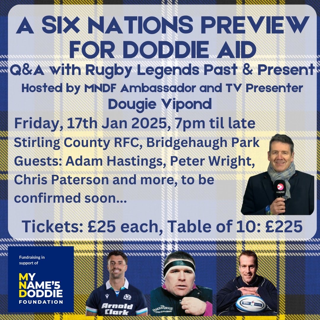 Genius Brewing (@geniusbrewing) on Twitter photo Just a handful of tickets left for <a href="/doddie_aid/">Doddie Aid</a> event at <a href="/StirlingCounty/">Stirling County RFC</a> on Fri night. Join host <a href="/DougieVipond/">Dougie Vipond</a> and a panel of rugby stars to preview this year's #6Nations and help raise funds for <a href="/MNDoddie5/">My Name'5 Doddie Foundation</a>. #doddieaid2025
<a href="/adamhastings96/">Adam Hastings</a> <a href="/happyeggshaped/">Happiness is Egg Shaped</a> #doddieaid Just a handful of tickets left for <a href="/doddie_aid/">Doddie Aid</a> event at <a href="/StirlingCounty/">Stirling County RFC</a> on Fri night. Join host <a href="/DougieVipond/">Dougie Vipond</a> and a panel of rugby stars to preview this year's #6Nations and help raise funds for <a href="/MNDoddie5/">My Name'5 Doddie Foundation</a>. #doddieaid2025
<a href="/adamhastings96/">Adam Hastings</a> <a href="/happyeggshaped/">Happiness is Egg Shaped</a> #doddieaid