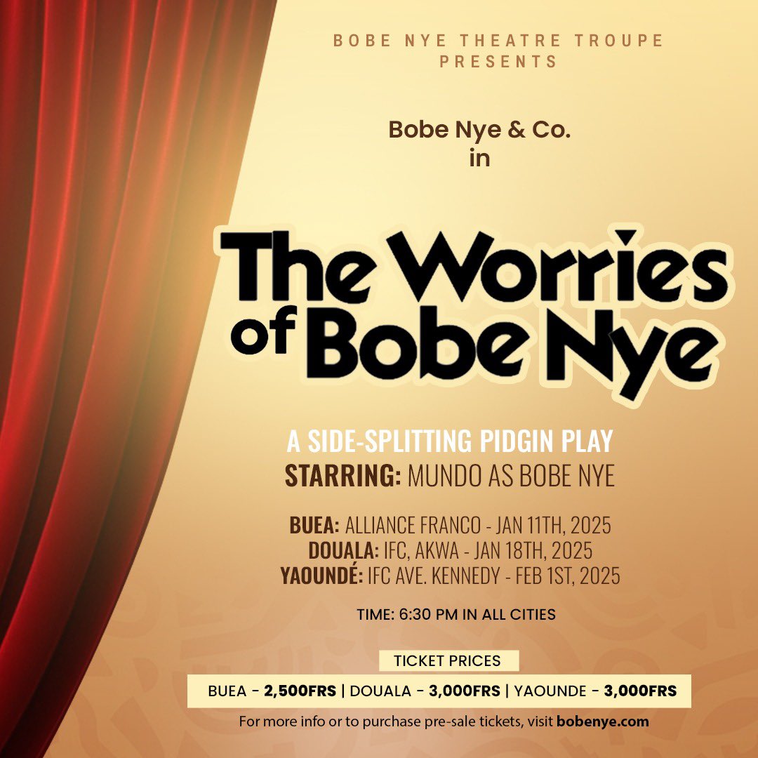 valazat's tweet image. I’m offering  tickets, to 2 lucky winners  who’d like to experience this stage play on Saturday in Douala, Time 6pm. Like, Retweet &amp;amp; comment #BobeNye. 

Also get a discount by using this code: ‘BOBENYEDLA’ to buy your tickets from the website: bobenye.com