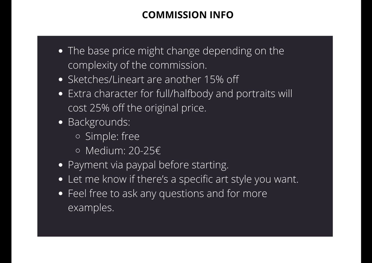 duhaeriss's tweet image. hi!! heres the c0mm sheet updated (minor changes)
🫂
📷my c0mmissi0ns are open! feel free to DM to c0mmissiøn/ask any questions
- unlimited slots for now
- Payment via PayPal before starting!
//even if youre not interested RTs are very appreciated!!! 📷 📷