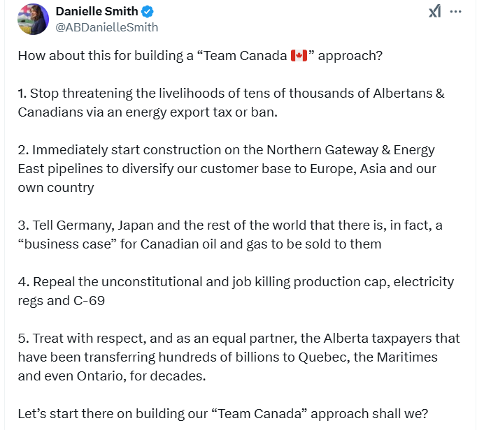cspotweet's tweet photo. Danielle Smith calls out Ottawa and her fellow premiers, saying they are threatening the livelihoods of Albertans with some of the negotiating tactics discussed against Trump's tariffs

She adds the rest of Canada should agree to build more pipelines and show Alberta more respect https://t.co/lPZxygsH8j
