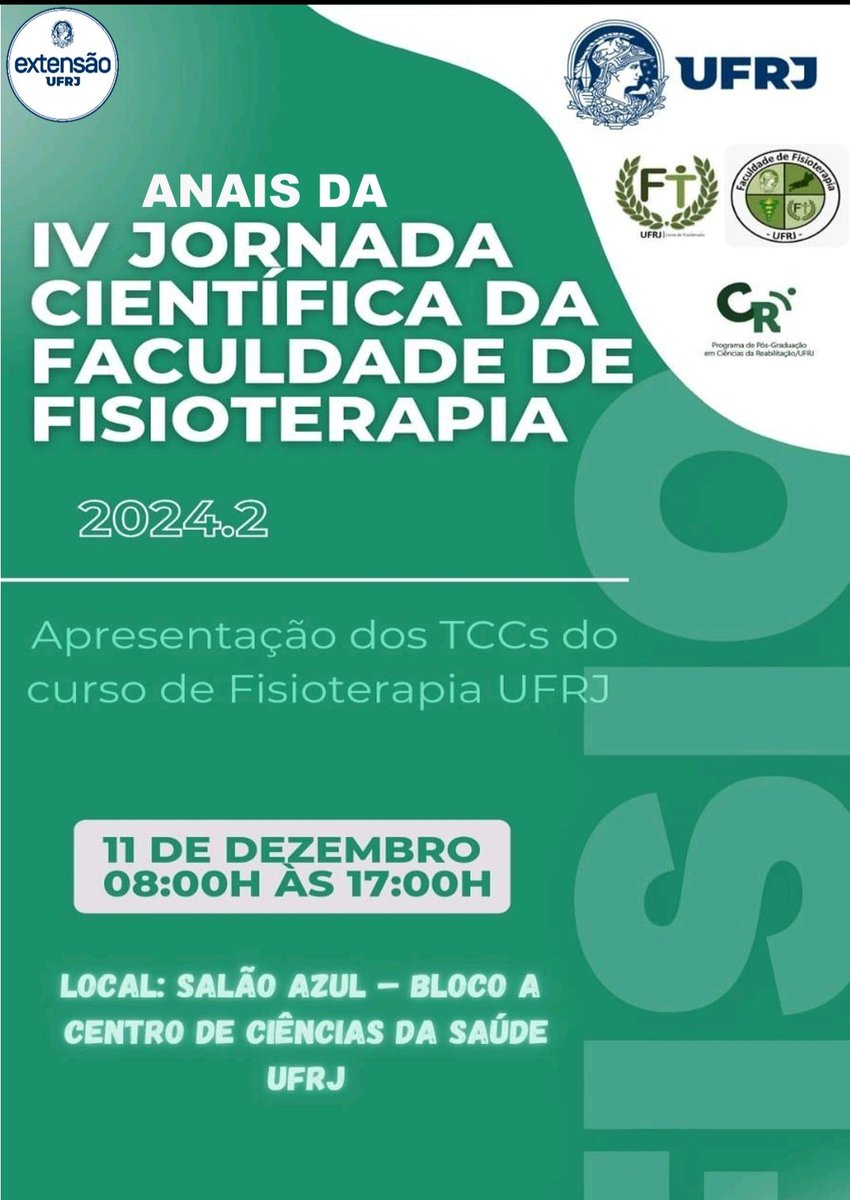 bene_carl's tweet photo. Foi publicado hoje os Anais da IV Jornada Científica da Faculdade de Fisioterapia da UFRJ. Com os TCC dos alunos formandos em 2024. 2. Parabéns aos novos fisioterapeutas e aos orientadores. Segue o link https://t.co/UHdad3stz9 https://t.co/KdXkqC8Rpt