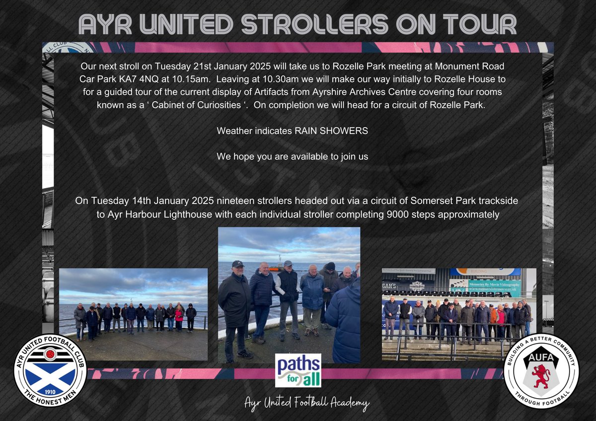 wellbeingaufa's tweet photo. Details for Stroll on Tuesday 21st January 2025

@AyrUnitedFC 
@AyrUtdAcademy 
@PathsforAll 
@VASouthAyrshire 
@sahscp 
@ThrivCom_EmpSAC 
@WallacetownH https://t.co/A2o79lyQIU