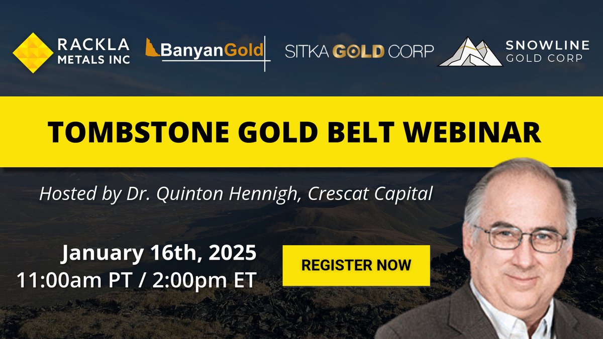 Focus Communications IR (@focus_ir) on Twitter photo 🔴 Starting in One Hour!
The Tombstone Gold Belt Webinar kicks off soon! Hear the latest updates on 2025 plans from <a href="/RacklaMetals/">Rackla Metals Inc (TSXV:RAK)</a>, <a href="/SnowlineGold/">Snowline Gold</a>, <a href="/SitkaGoldCorp/">Sitka Gold Corp</a>, and <a href="/BanyanGold/">Banyan Gold Corp</a>, hosted by Dr. Quinton Hennigh of <a href="/Crescat_Capital/">Crescat Capital</a>.
Register: bit.ly/408j1V7 🔴 Starting in One Hour!
The Tombstone Gold Belt Webinar kicks off soon! Hear the latest updates on 2025 plans from <a href="/RacklaMetals/">Rackla Metals Inc (TSXV:RAK)</a>, <a href="/SnowlineGold/">Snowline Gold</a>, <a href="/SitkaGoldCorp/">Sitka Gold Corp</a>, and <a href="/BanyanGold/">Banyan Gold Corp</a>, hosted by Dr. Quinton Hennigh of <a href="/Crescat_Capital/">Crescat Capital</a>.
Register: bit.ly/408j1V7