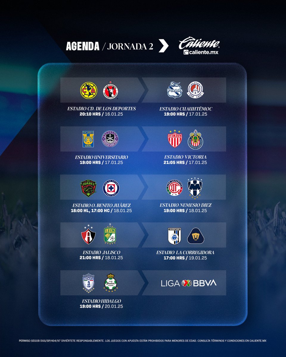 LigaBBVAMX's tweet photo. ¡Que no se te pase! 👀

Hoy arranca la #Jornada2 y aquí te traemos la Agenda. 📅

¡Regístrate ahora en @calientesports y RECIBE $1,000 DE REGALO para comenzar a apostar! 📲  Da clic aquí: https://t.co/pBHvigMEsr

🔥 #MásAcciónMásDiversión https://t.co/hseJuASAzY