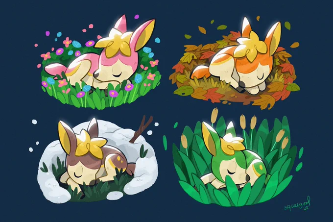 4 sleeping fawns. here's my first pokemon art for this year!#deerling#Pokemon 