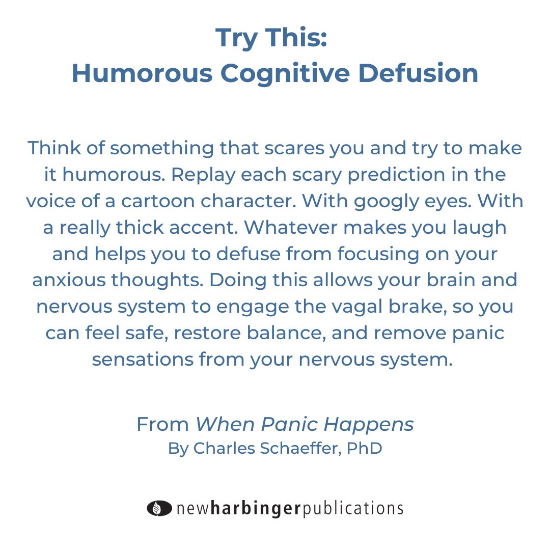 NewHarbinger's tweet image. Panic can take over at random times so you can try to train yourself how to handle it. Try this exercise for Humorous Cognitive Defusion. 

newharbinger.com/9781648482694/…

#panic #humorouscognitivedefusion #cognitivedefusion #mentalhealth #selfhelp #polyvagaltheory