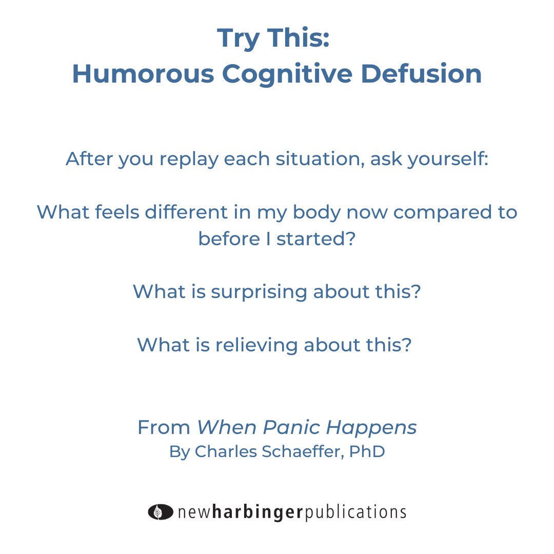 NewHarbinger's tweet image. Panic can take over at random times so you can try to train yourself how to handle it. Try this exercise for Humorous Cognitive Defusion. 

newharbinger.com/9781648482694/…

#panic #humorouscognitivedefusion #cognitivedefusion #mentalhealth #selfhelp #polyvagaltheory