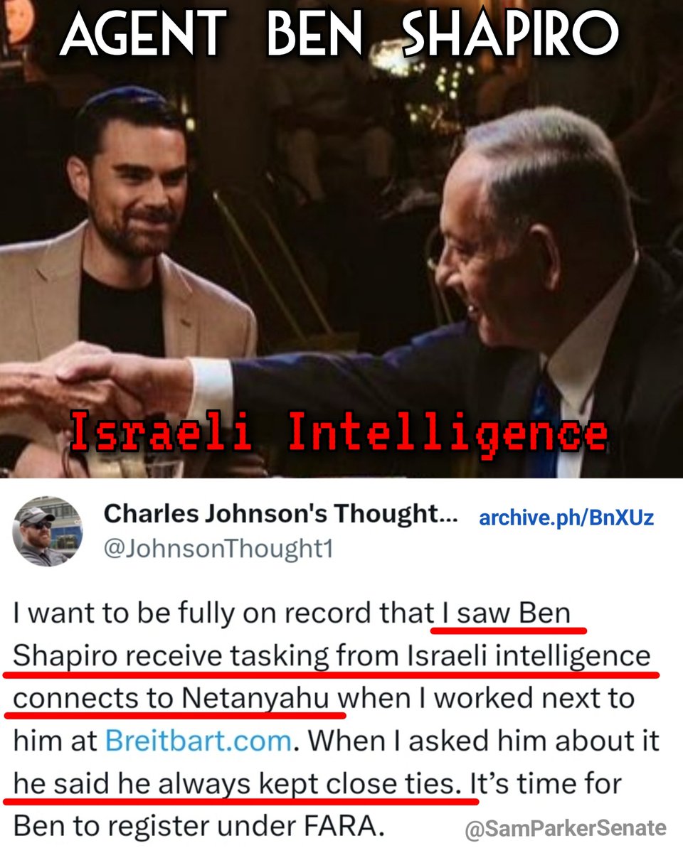 BasedSamParker's tweet photo. Remember these points about Ben Shapiro as you see his flurry of tweets today:
▪️He wants Netanyahu to be President of the US
▪️Is an israeli intelligence operative
▪️Has literally never tweeted any form of "America First"
▪️Is on record explaining that his ultimate loyalty is to israel