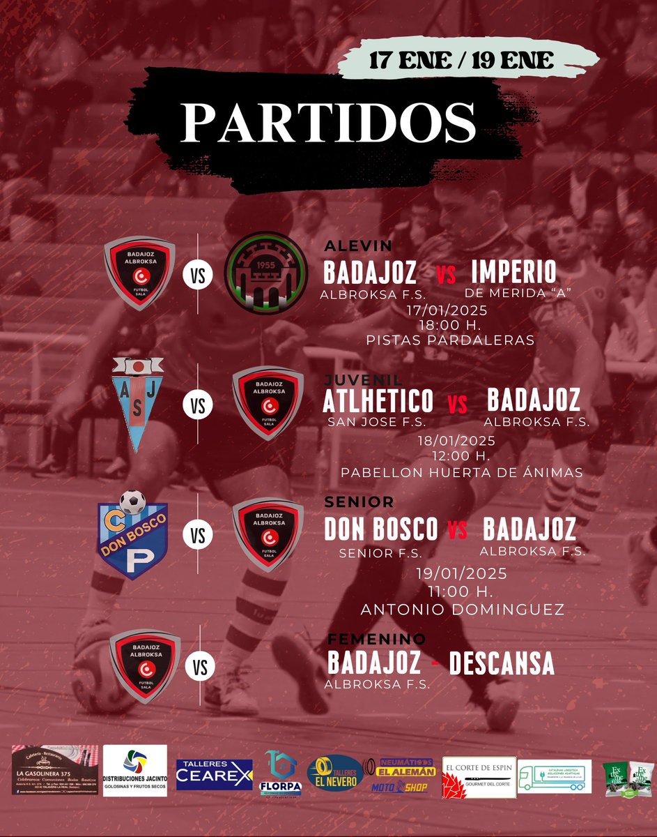 🎉 ¡FIN DE SEMANA DE FÚTBOL SALA! ⚽

📅 Alevín: 17/01 | 18:00 | Pardaleras
📅 Juvenil: 18/01 | 12:00 | Huerta de Ánimas
📅 Sénior: 19/01 | 11:00 | Antonio Domínguez
💪 ¡Ven a animar al @badajozalbroksa_fs! 💙
#FutbolSala #Badajoz #AlbroksaFS #DeporteConValores