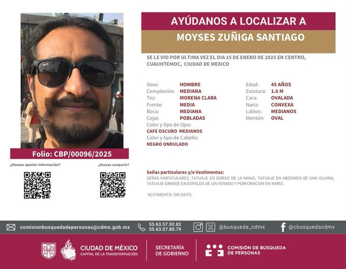 🔴#ÚLTIMAHORA I Reportan la desaparición del periodista Moyses Zúñiga Santiago, se le vio por última vez el 14 de enero a medio día en la colonia Centro #CDMX.