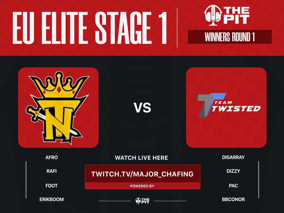 ThePit_EU's tweet image. EU Elite Stage 1 | Winners Round 1

@_TeamNotorious
🟡@AstrosInMyAfro
🟡@RafiCOOD
🟡@FDot_COD
🟡@EriKBooM_ 

🆚

#TeamTwisted 
🔵@lDisarray
🔵@DizzyTT
🔵@Pac1_
🔵@BBConor_

🎙️@CMooreCasts
🎙️@PabIoCasts

Stream: twitch.tv/major_chafing