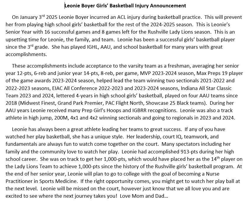 You may have heard, however my daughter Leonie Boyer incurred an ACL injury on Jan 3rd and will not be able to play the rest of the girls high school basketball season. Truly sad for all of us as she has been a remarkable player. Please see the image below for details.