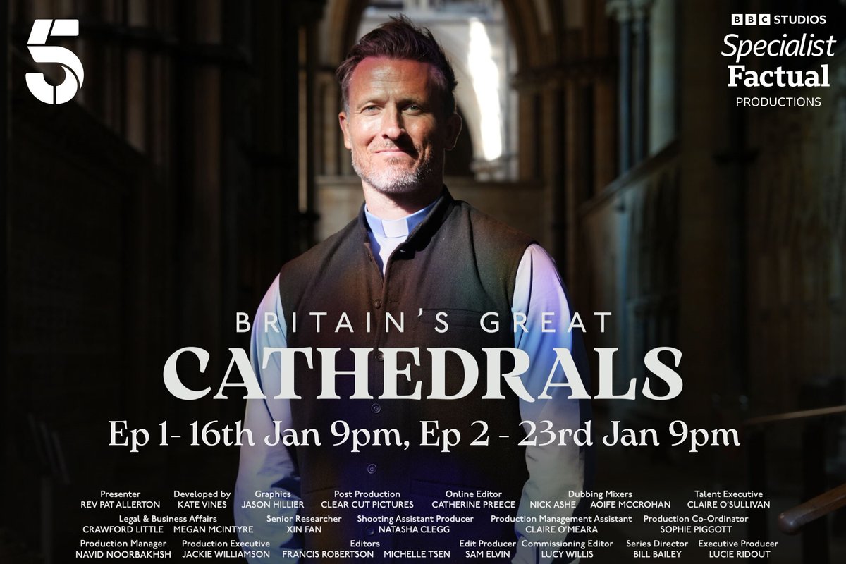 If you love Cathedrals  get your TV tuned to Channel 5  tonight (Thurs 16 Jan) at 9pm for Britain's Great Cathedrals presented by the Revd Pat Allerton. This two part series features six Cathedrals, and we're delighted to be in the second episode which will be shown on Thurs 23rd