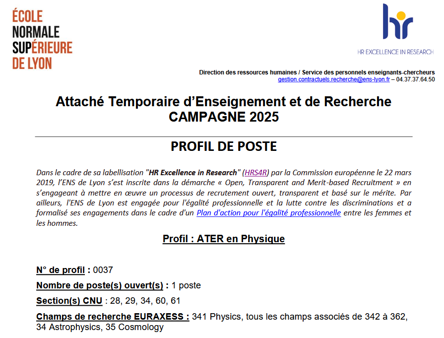 🚨Un poste d'ATER s'ouvre en #physique @ENSdeLyon. L'occasion de rejoindre notre groupe de recherche &amp; d'enseigner au dpt de Physique🧑‍🏫👩‍🏫! N'hésitez pas à me contacter pour monter un dossier: ens-lyon.fr/sites/default/… Deadline 13 février sur Galaxie/ALTAIR &amp; 17 février sur DEMATEC!