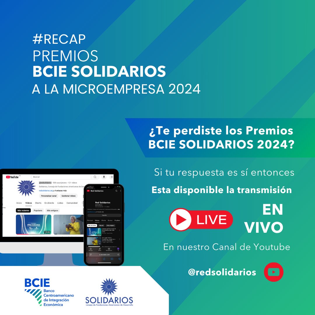 🌟 #RECAP Premios BCIE Solidarios a la Microempresa 2024 🌟

¿Te perdiste este gran evento? 🎉
¡No te preocupes! Ahora puedes revivir cada momento
de los Premios BCIE Solidarios 2024 .

📺 La transmisión está disponible EN #VIVO en nuestro canal de YouTube.
#BCIESolidarios