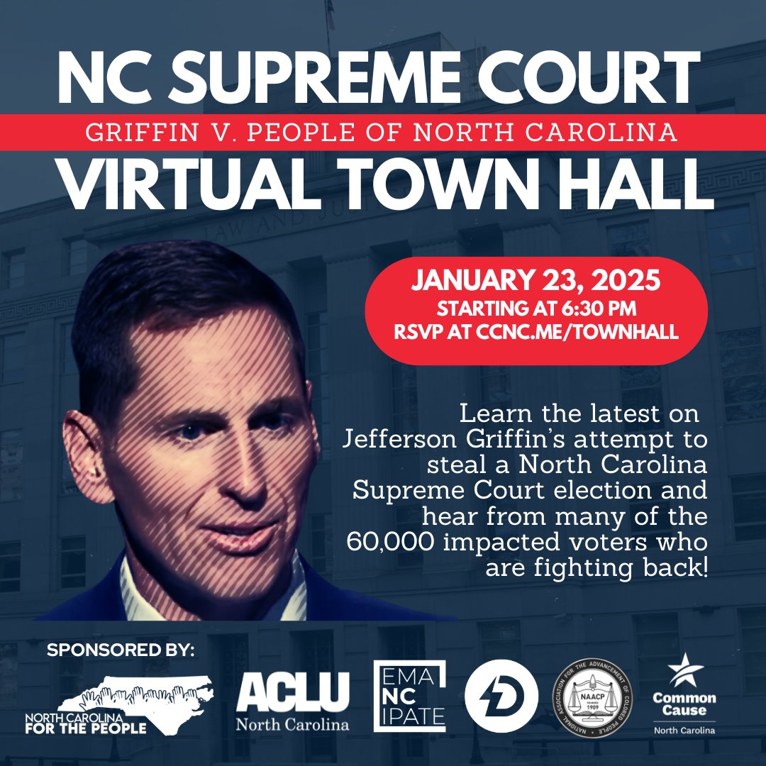 NCForThePeople's tweet photo. Griffin is trying to steal the 2024 NC Supreme Court election, and 60,000 voters could be impacted! Join us on January 23 at 6:30 to hear from those fighting back.

RSVP now: https://t.co/GTLZAeDpgy

This is a fight for democracy—don't miss it!

#JudicialIntegrity #ProtectOurVote https://t.co/ruAR4On2oP