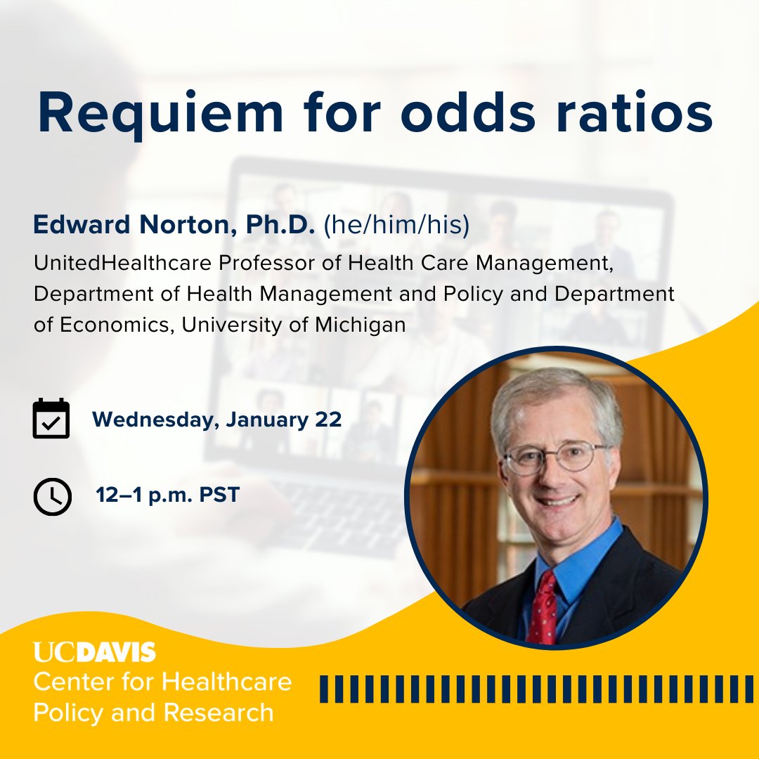 UC Davis Center for Healthcare Policy and Research (@ucd_chpr) on Twitter photo What metrics should researchers use to report their findings? Join us January 22 for an important seminar with <a href="/UMich/">University of Michigan</a>'s Edward Norton, who will explain why researchers should almost never report odds ratios.
Register: ucdavishealth.zoom.us/meeting/regist… What metrics should researchers use to report their findings? Join us January 22 for an important seminar with <a href="/UMich/">University of Michigan</a>'s Edward Norton, who will explain why researchers should almost never report odds ratios.
Register: ucdavishealth.zoom.us/meeting/regist…