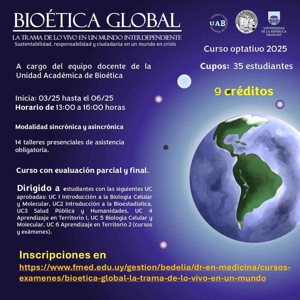 Lanzamos la oferta de cursos optativos para el primer semestre del 2025. 

Este año nos proponemos abordar la Bioética Global a partir de los trabajos de Van Rensselaer Potter y de Adela Cortina en bioética global y en ética cívica respectivamente.