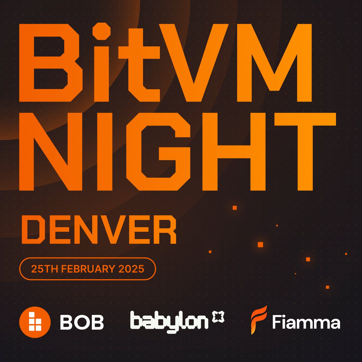 BITVM NIGHT DENVER 🌙🏔️
feb 25

- 1 craft brewery in rino
- 3 min walk from ethdenver
- 200+ bitcoin builders
- vcs and angels
- bitvm &amp; btcfi alpha
- 1 spicy panel discussion
- drinks &amp; hot takes
- event-only merch
- top tier hosts
- <a href="/babylonlabs_io/">Babylon</a>
- <a href="/fiamma_labs/">𝗙𝗶𝗮𝗺𝗺𝗮 🦙🔥</a>

LIMITED