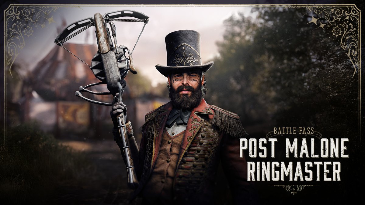 HuntShowdown's tweet photo. As Ringmaster of the pre-Corrupted circus, @PostMalone guided clowns and unleashed beasts. Anything could be turned into magic under his gaze.
Complete the Battle Pass for Post Malone's Murder Circus and earn yourself this Hunter!
#HuntPartner #PostMalonesMurderCircus https://t.co/WrQpyF220P