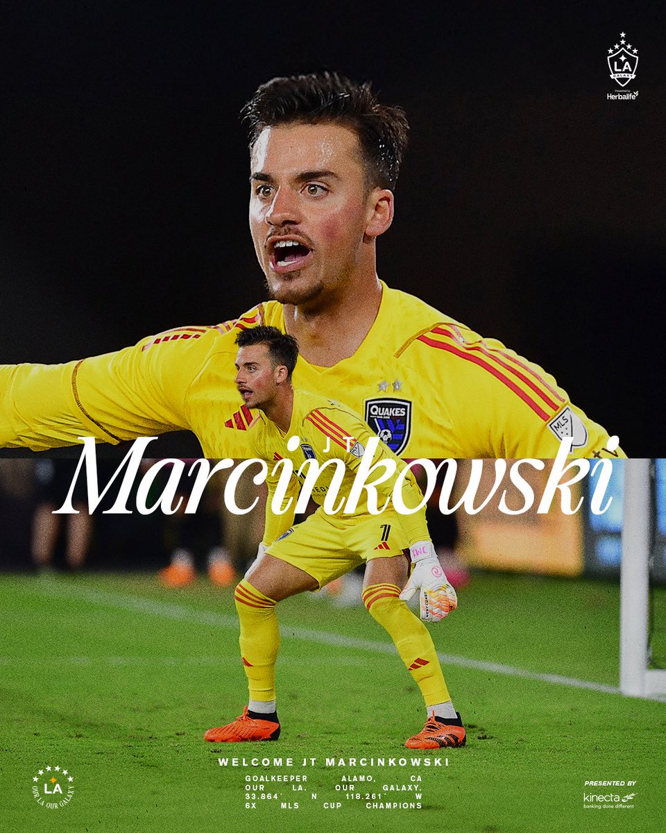 LAGalaxy's tweet photo. Welcome to the Blue, White and Gold 💙🤍💛

We have signed free-agent goalkeeper JT Marcinkowski to a two-year contract through the end of the 2026 MLS season with a club option for 2027.

📰: https://t.co/AnYwEZglv4 | @kinecta https://t.co/qyVWfwbMly