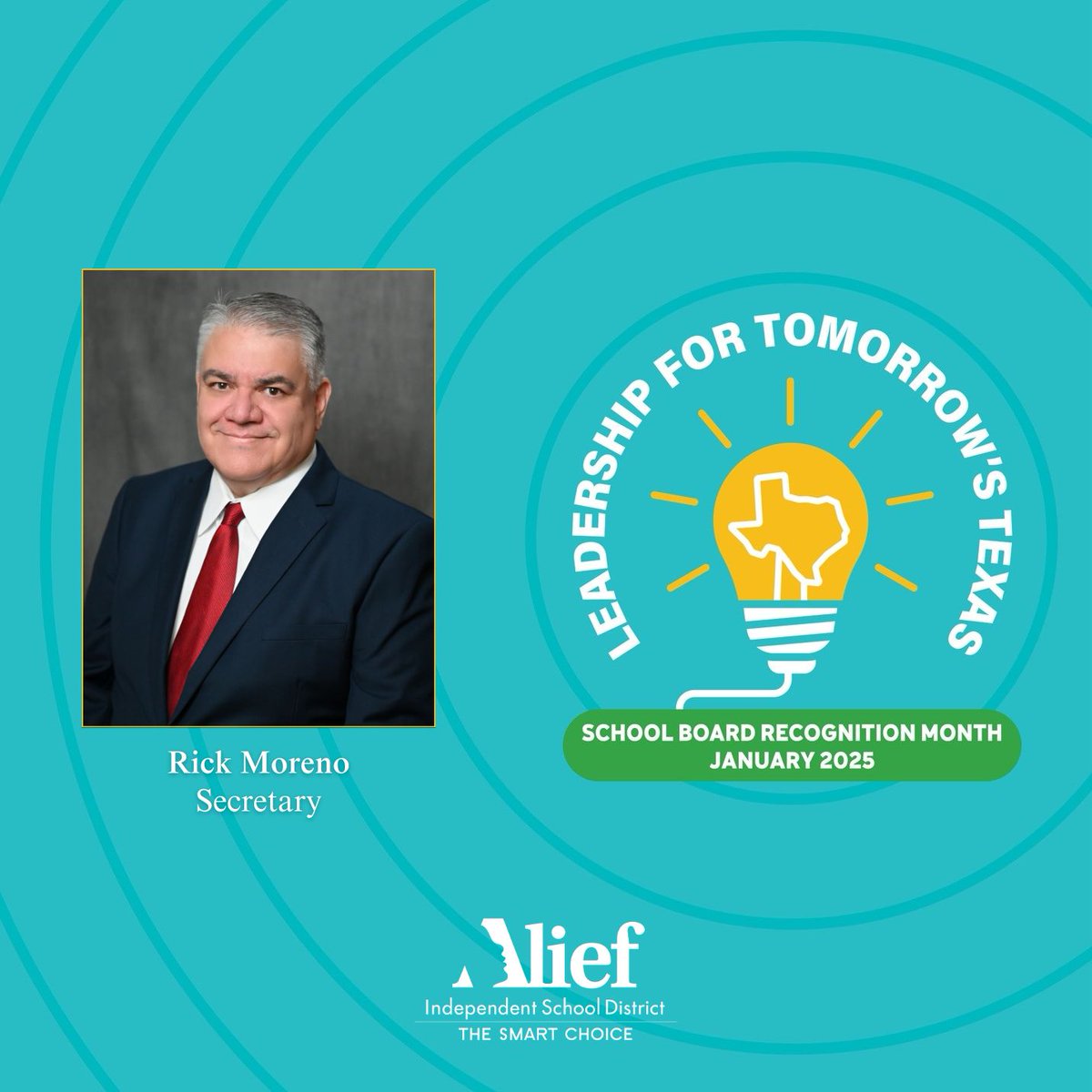 This Board Appreciation Month, we thank Rick Moreno for his outstanding service as Secretary of the Alief ISD School Board. A Master Trustee graduate of Leadership TASB and a dedicated EMT-Paramedic, Mr. Moreno’s commitment to our community is inspiring! #BoardAppreciationMonth