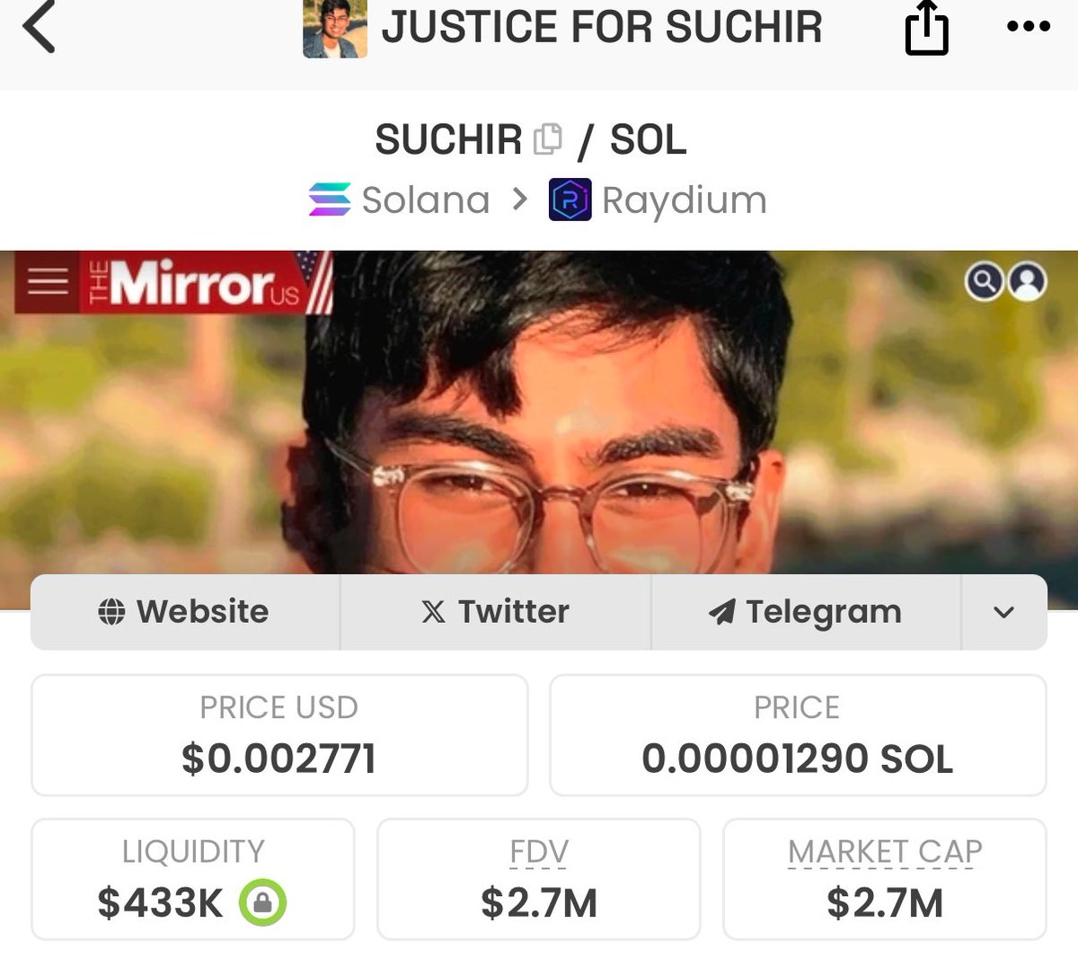 Saw Mario’s post about Justice for $SUCHIR

Elon Musk followed &amp; now Tucker Carlson is doing a full sit down interview discussing the story.

Probably something!
