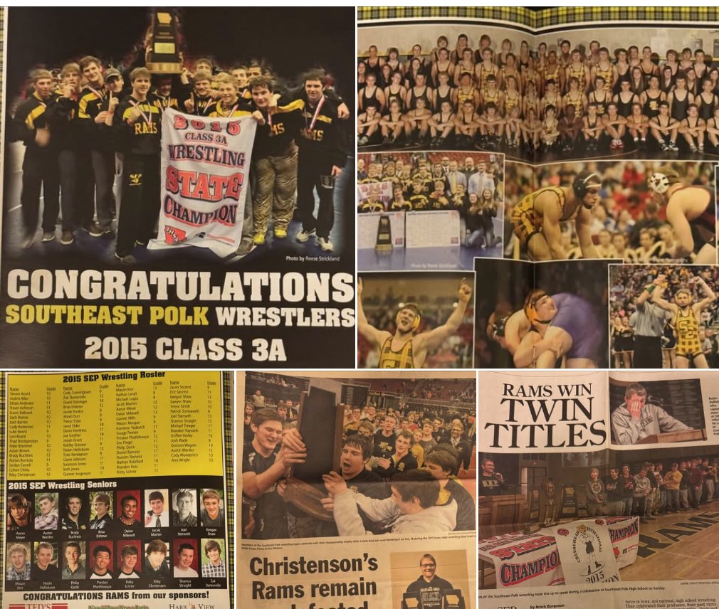 This #TBT post is honoring the 2015 State Champion Wrestling Team! Join us tonight at 6:30 pm. for the Ram Wrestling Alumni Night at the #1SEP High School. The Rams take on the Urbandale J-Hawks. 🖤💛🐏