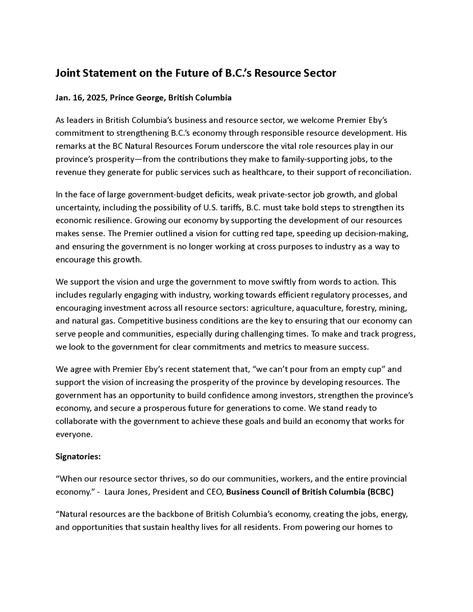 BizCouncilBC's tweet photo. "When our resource sector thrives, so do our communities, workers, and B.C.’s economy." - @BCBCLaura. BCBC is proud to join others in signing a statement on the future of B.C.’s resource sector. In uncertain times, bold steps are needed to grow our economy and strengthen resilience. Supporting resource development just makes sense. #BCResources #EconomicGrowth #bcpoli