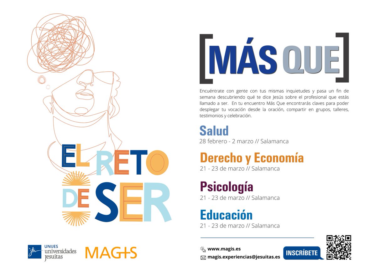 Más que una carrera, tus estudios forman parte de la persona que quieres ser. Encuentra gente con tus mismas inquietudes y deseos con el fin de semana “Más Que” que te proponemos. Inscríbete en: magis.es #MásQue #MAGIS