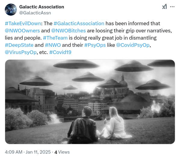 WHOGenocide's tweet photo. #TakeEvilDown: #GalacticAssociation has been informed that @NWOOwners and @NWOBitches are loosing their grip over narratives, lies and people. #TheTeam is doing really great job in dismantling #DeepState and #NWO and their #PsyOps like @TerrorismPsyOp, @VirusPsyOp, etc. #Covid19 https://t.co/llA40ap1vr