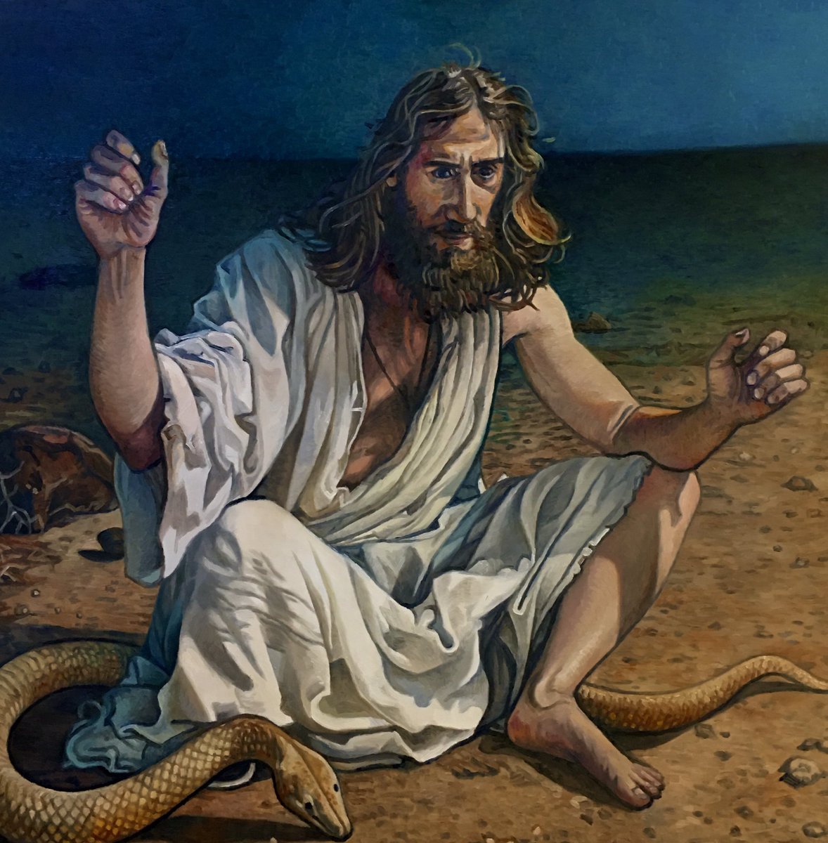 “Jesus tempted in the desert”  #geoffphillipsart  #oil  #saskatchewanartist  #artworkoftheday  #artwork  #oilpaintingartist  #art  #Jesus  #Bible  #scripture  #scriptureart  #snake  #desert  #portrait