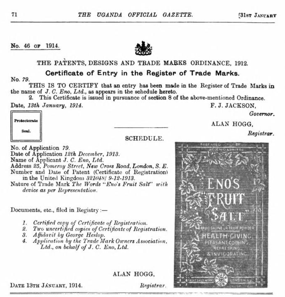 skaheru's tweet photo. Eno Fruit Salts was invented in 1852 and by 1913 the trademark was being registered in #Uganda #UgandanHistory #HistoryUG https://t.co/IWPFo6QCl0