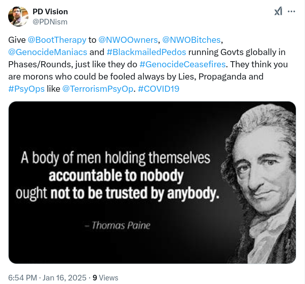 WHOGenocide's tweet photo. Give @BootTherapy to @NWOOwners, @NWOBitches, @GenocideManiacs and #BlackmailedPedos running govts globally in phases/rounds, just like they do #GenocideCeasefires. They think you are morons who could be fooled always by lies, propaganda and #PsyOps like @TerrorismPsyOp. #Covid19 https://t.co/DbQbAbTiyZ