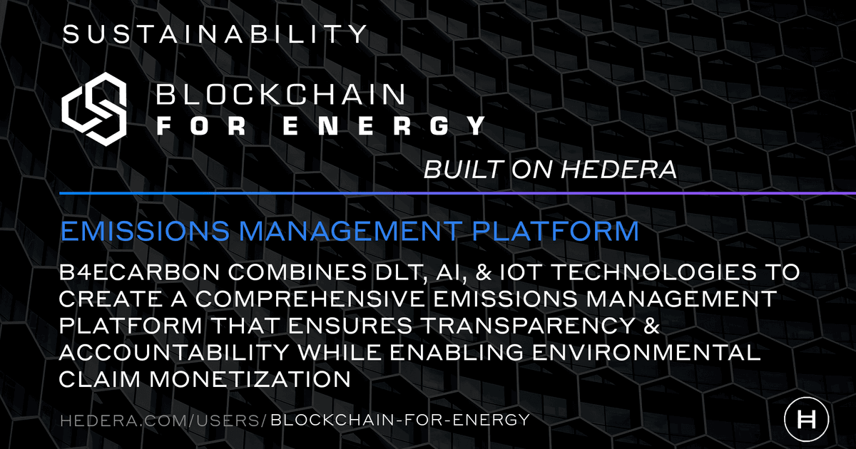 hedera's tweet photo. The energy sector faces mounting pressure to accurately track and verify carbon emissions and reductions. 

B4ECarbon is a comprehensive emissions management platform developed by @Blockchain4NRG that leverages #Hedera for emissions data tokenization and to create emissions data provenance while integrating IoT sensors for real-time monitoring and AI for advanced analytics. #HelloFuture

🔗 https://t.co/daOLqTwEkp