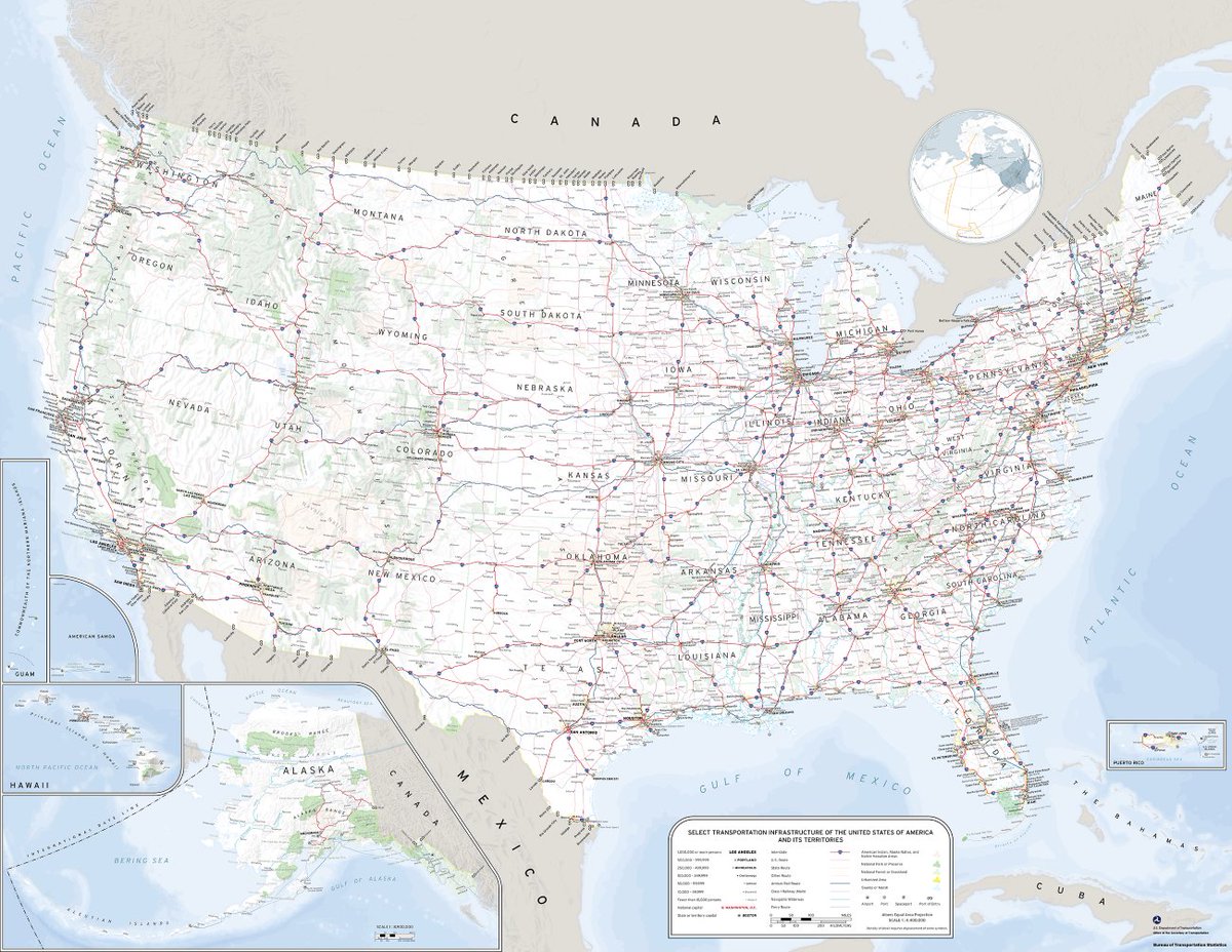 bts_usdot's tweet photo. 🗺️New #MapOfTheMonth!
This month's map of the month is the transportation geography of the United States🇺🇸
Map includes:
✈️Airports
🚢Marine ports
🛣️Highways
🛤️Railways
Waterways and Border Crossing points.
https://t.co/q9PYc41zAY https://t.co/PcbqHk7nX9
