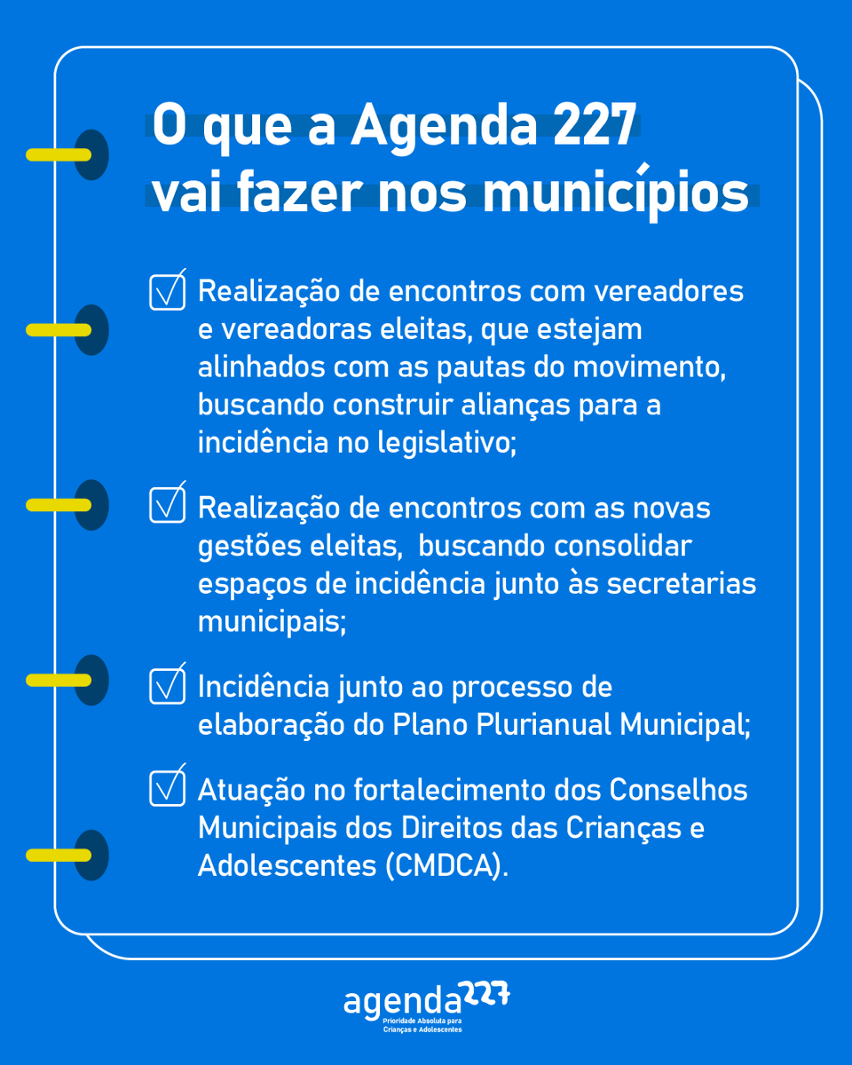 Queremos novos prefeitos e prefeitas comprometidos com a prioridade absoluta de crianças e adolescentes! ´

Em 2025, a Agenda 227 amplia as suas ações com foco nas políticas municipais, com o apoio das mobilizadoras locais.

agenda227.org.br