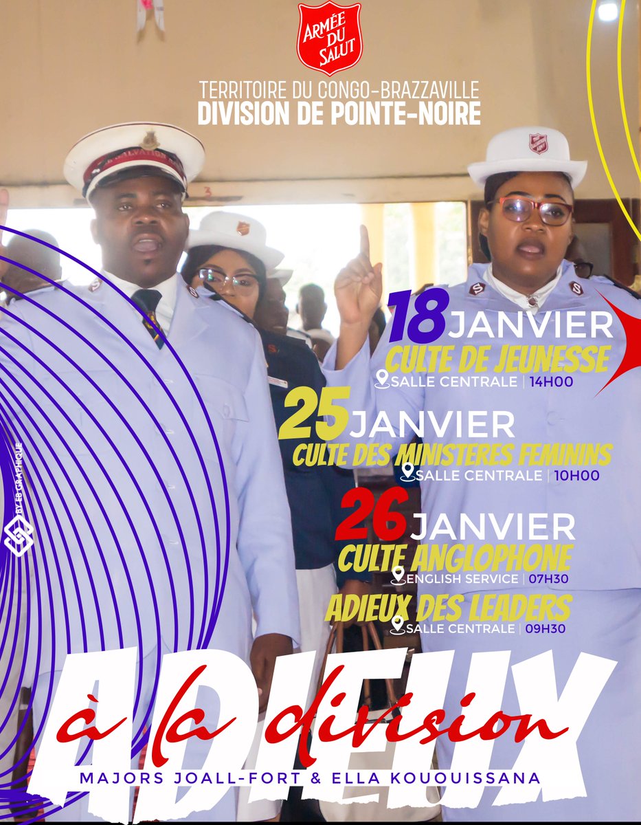 RTASCONGO's tweet image. 🎉 Un hommage vibrant aux Majors Joall-Fort &amp;amp; Ella KOUOUISSANA pour leur dévouement et leadership au sein de la Division de Pointe-Noire.

🌟 Cultes d’adieu :
18/01 à 14h : Jeunesse
25/01 à 10h : Ministères Féminins
29/01 à 07h30 : Culte Anglophone
29/01 à 09h30 : Culte d’Adieux