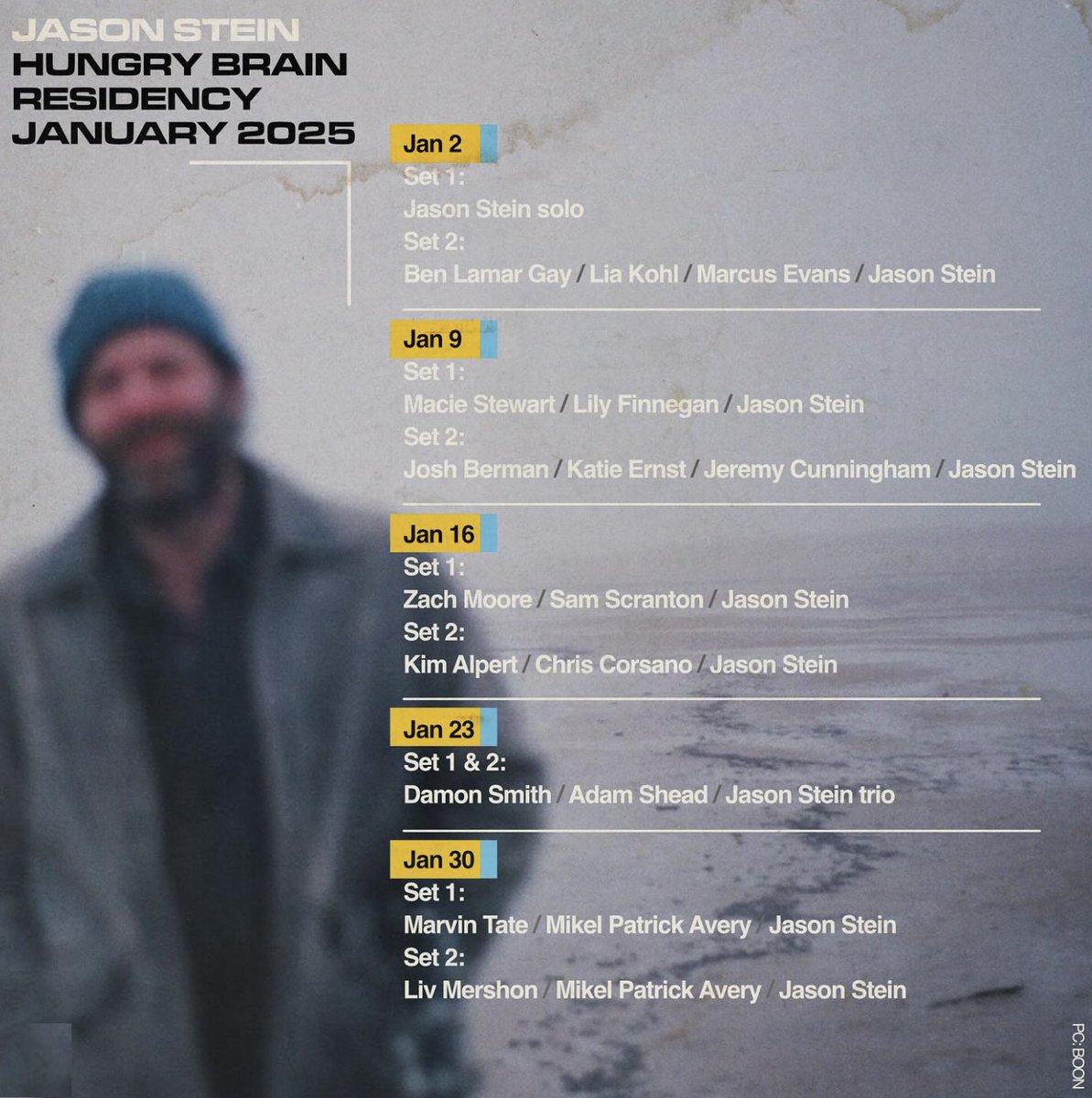 This Thursday is the 3rd night of <a href="/Steinbassclar/">Jason Stein</a> 's weekly residency in January. Tonight features 2 sets: Set one: Zach Moore, Sam Scranton, &amp; Jason. Set two: Kim Alpert, Chris Corsano, &amp; Jason. Doors: 7, Show: 9pm