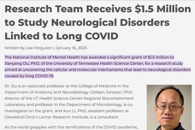 University of Tennessee: 'Research Team Receives $1.5 Million to Study Neurological Disorders Linked to Long COVID'

The National Institute of Mental Health has awarded a significant grant of $1.5M to Jianyang Du, PhD, of the University of Tennessee..

news.uthsc.edu/research-team-….