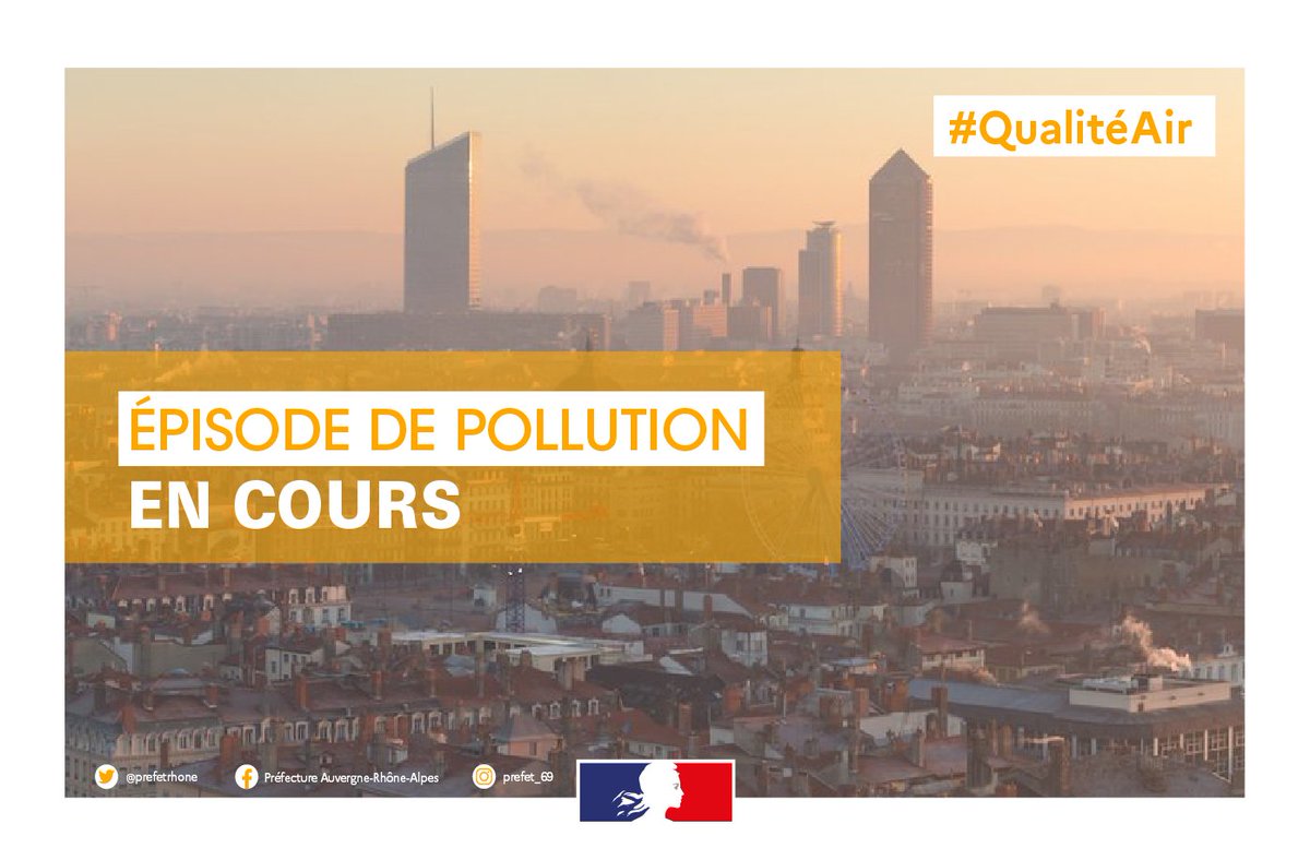 [#QualitéAir] 🟠🌬️

Un épisode de #pollution de l'air est en cours dans le bassin lyonnais et le Nord-Isère.

La préfète déclenche l'alerte et met en place des mesures de restriction dans le #Rhône et la Métropole de #Lyon.

ℹ️rhone.gouv.fr/Actualites/POL…