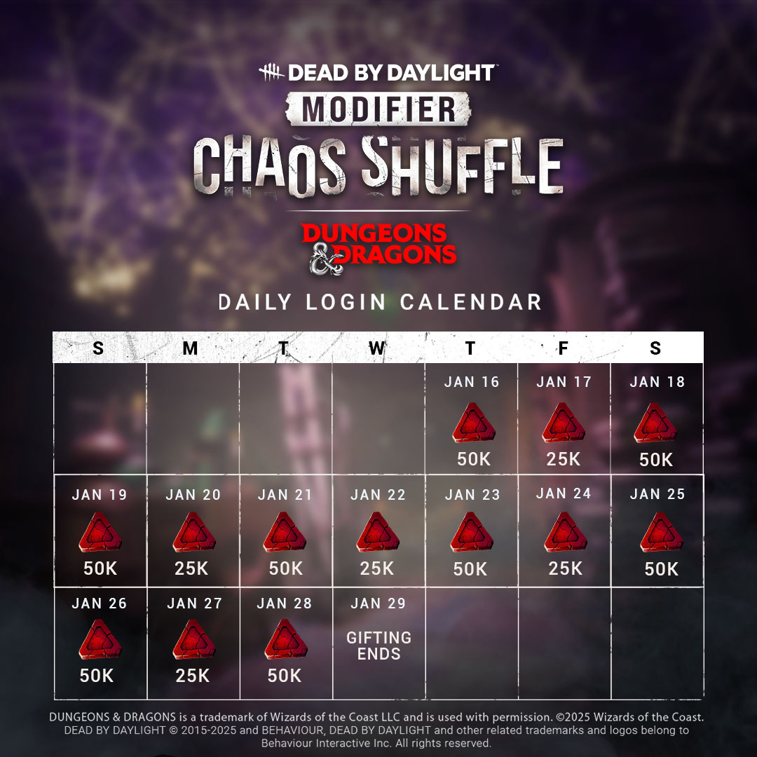 DeadbyDaylight's tweet image. No need to roll a dice to get these rewards, just log in every day until January 29! 🎲
