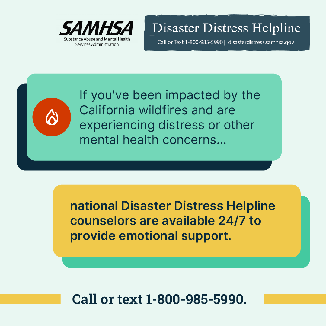 There is help for anyone experiencing emotional distress or other mental health concerns related to the #CaliforniaWildfires. 

For 24/7, free, multilingual crisis support, call or text @DistressLine.