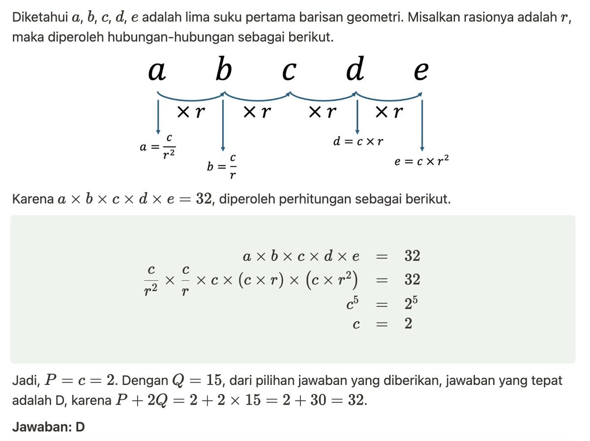 matrohmatmath's tweet photo. @snbtfess Jawabannya gini nder
Kalo diliat, terlepas berapapun rasionya, nilai c pasti bernilai 2.
Jadinya P = c = 2. Karena Q = 15, tinggal cari di pilihan jawaban, mana yang benar.

Jawabannya D. https://t.co/hb80IDNgTe