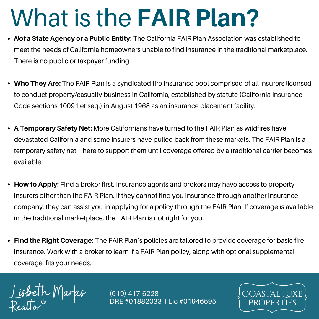LisbethMarks's tweet photo. With the recent wildfire devastation affecting our neighbors in LA, many San Diego homeowners are understandably concerned about their property insurance. Learning about the California FAIR Plan could help you stay protected.

📞 (619) 417-6228  
🌐 https://t.co/nDH6pzltKV https://t.co/VYb9Pt5Mql