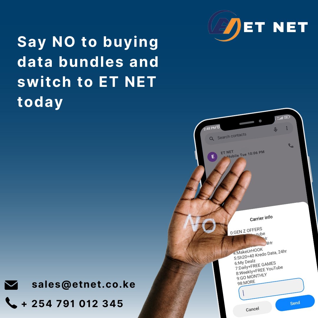 EtNetKE's tweet photo. Utafinya *544# mpaka lini? Switch to ET NET and feel the difference
#Saynotobundles #fastaffordablereliable #stayconnected #ETNET https://t.co/XuhfSX0SWV