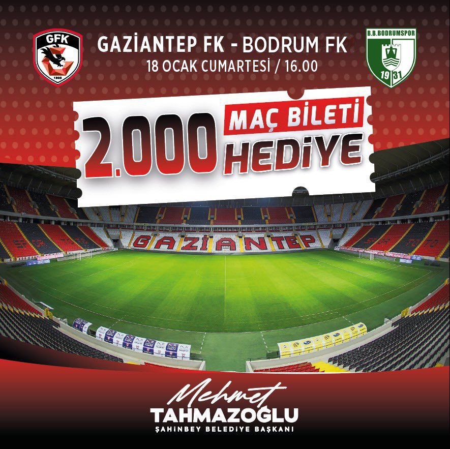 Genç taraftarlarımıza müjde!📣

Şehrimizin marka değeri olan takımımızı desteklemek isteyen gençlerimize maç bileti hediye ediyoruz.

Ödülü kazanmak için yapmanız gerekenler;

📱<a href="/sahinbeybel/">Şahinbey Belediyesi</a> ve <a href="/mtahmazoglu/">Mehmet Tahmazoğlu 🇹🇷</a> hesaplarını takip et
✅Gönderiyi beğen ve RT yap
🔁Bir arkadaşını